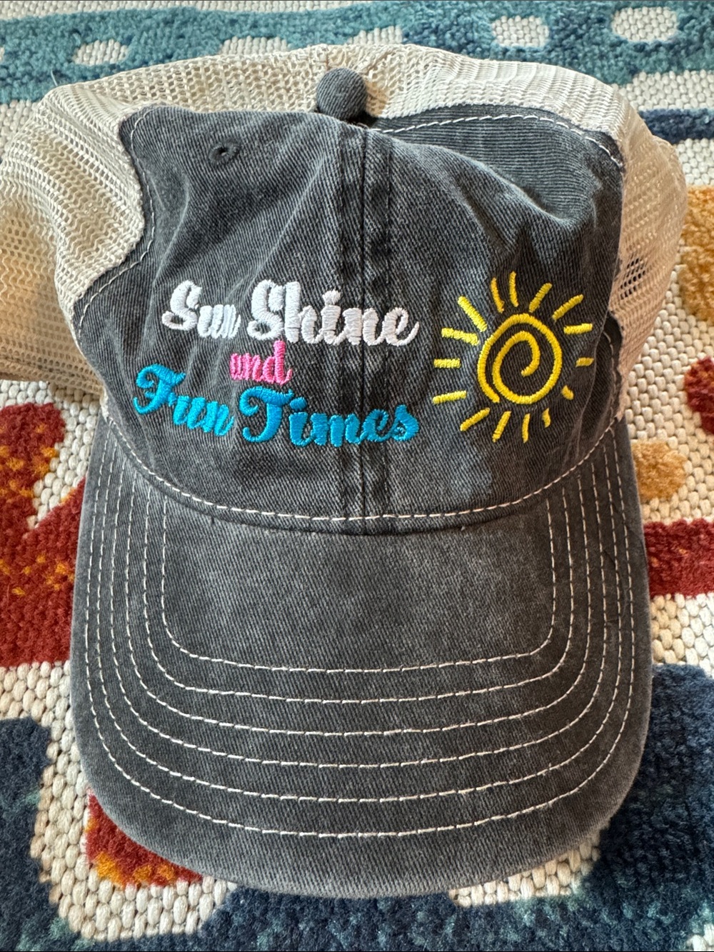 Sun Shine and Fun Times Embroidered Gray Mesh-Back Baseball Cap